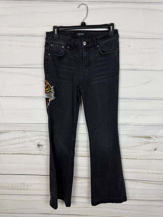 Ed Hardy Denim - Ed Hardy Tiger Embroidered Flare Jeans Black Wash Denim